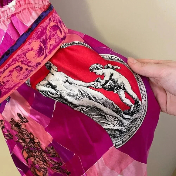 Louis Feraud 80s Vintage Pink 100% Silk Belted Sun Statue Print Dress 10 - Picture 7 of 12